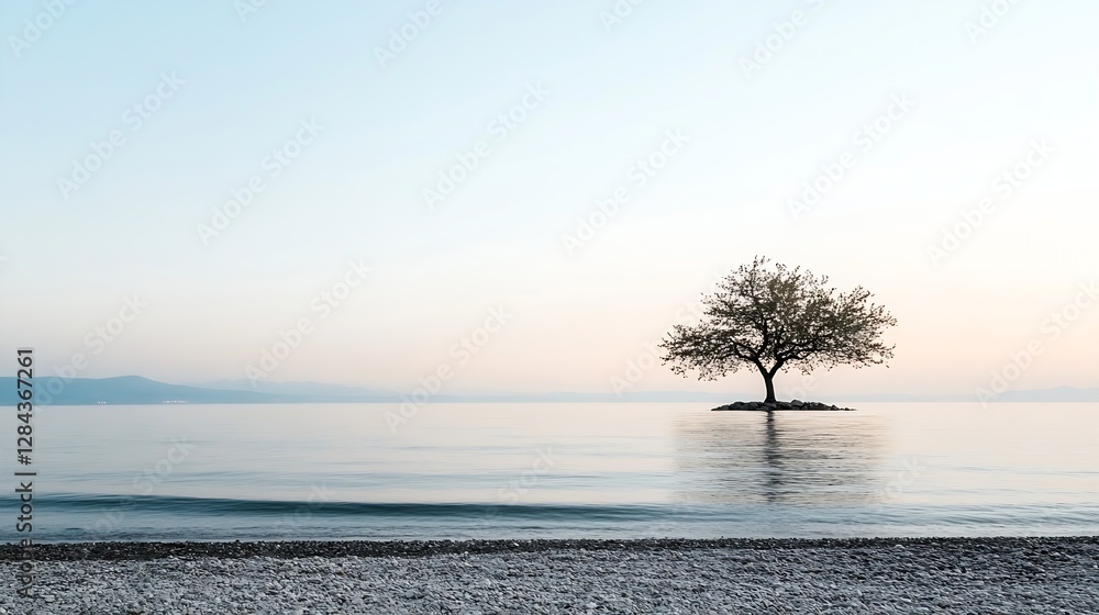 Poster solitary tree on tranquil shoreline with calm water reflecting the soft evening light : generative a