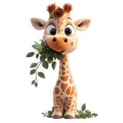 Fluffy 3D Cartoon Giraffe with Fuzzy Mane Eating Leaf Isolated on Transparent Background
