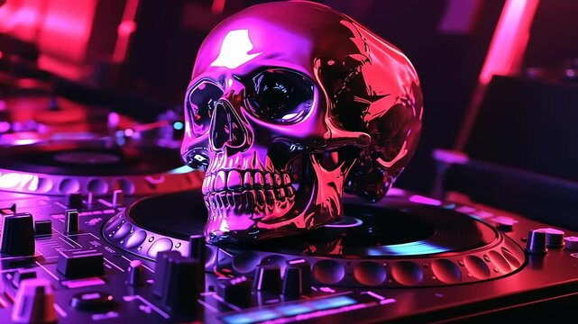 A vibrant, metallic skull resting on a DJ turntable amidst colorful lights in a lively party scene