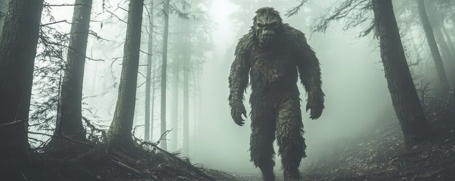 Mysterious bigfoot creature walking in foggy forest among tall trees