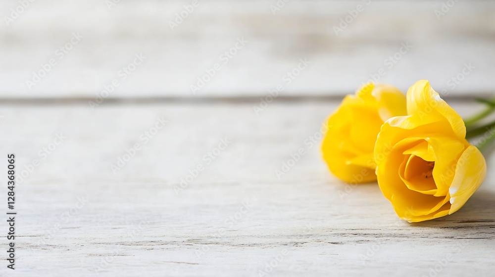 Poster freshly cut yellow tulips resting on a rustic wooden table evoking feelings of spring and joy : gene
