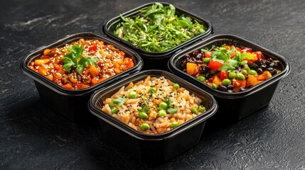 Fototapeta premium A vibrant assortment of four containers filled with colorful, fresh dishes featuring rice, beans, and greens, perfect for a healthy meal.