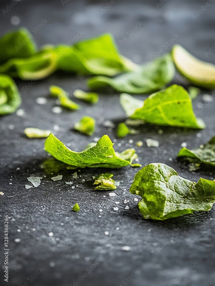 Poster freshly picked green spinach leaves scattered on a rustic dark surface : generative ai