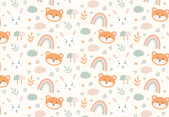 A seamless vector pattern designed specifically for baby clothes, featuring a soft, minimal, and playful aesthetic. The pattern is created in a flat, modern style with bunnies and foxes. 