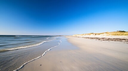 Beautiful sandy beach with gentle waves softly lapping against the shore under clear sky : Generative AI