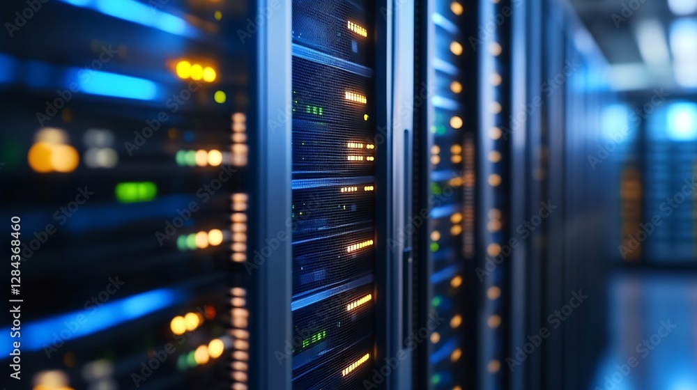 Poster Hightech server room filled with racks of network servers displaying glowing lights : Generative AI