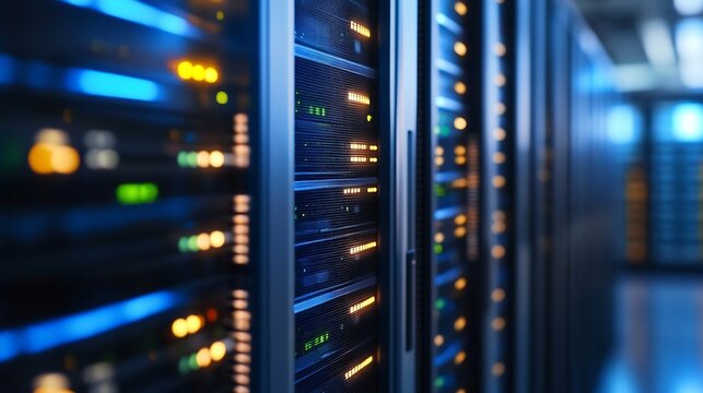 Hightech server room filled with racks of network servers displaying glowing lights : Generative AI