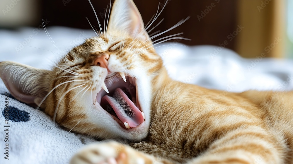 Poster cute orange cat yawning on a cozy blanket in a relaxing setting : generative ai