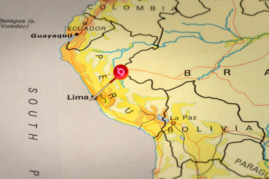 Colorful tourist location map Lima, Peru,  showing rail lines and population density