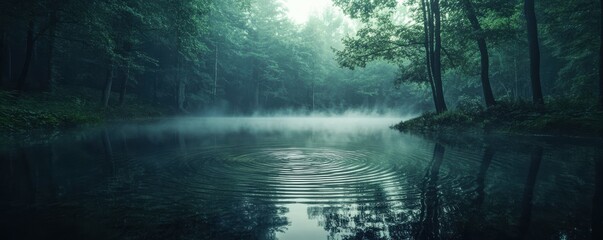Misty forest lake with ripples on water surface in serene morning light