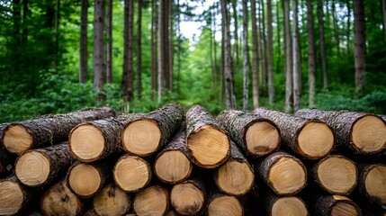 Stacked logs in lush green forest showcasing sustainable wood harvesting in a serene natural environment : Generative AI