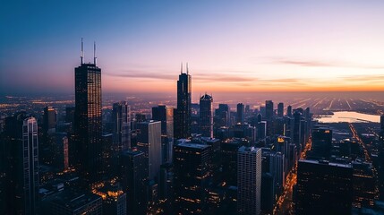 Fototapeta premium Dramatic Aerial View of Chicago Skyline at Sunset Displaying Urban Architecture and Colors : Generative AI