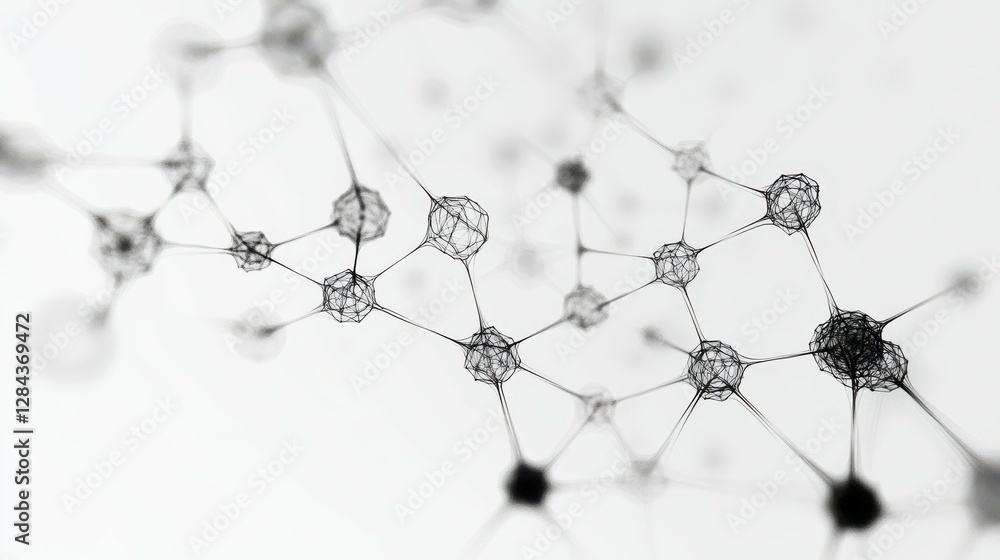 Poster intricate black and white molecular structure model with connecting nodes and bonds