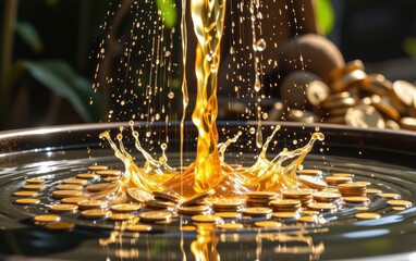 A golden fountain spills liquid gold and coins onto a table covered in riches, symbolizing the overflowing abundance and lavish rewards of success.