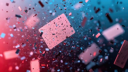 Data breach concept with shattered ID cards floating in a digital storm