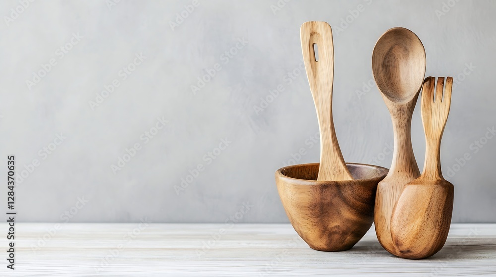 Aufkleber Wooden cooking utensils display in rustic setting with soft natural light and neutral background : Generative AI