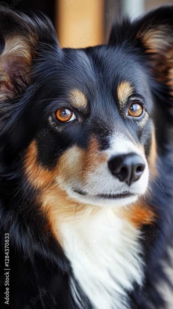Poster beautiful black and tan dog sitting calmly with sharp focus and clear eyes in a cozy indoor setting.