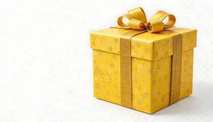 A beautifully wrapped golden yellow gift box with a large golden bow, perfect for a special occasion or birthday present.