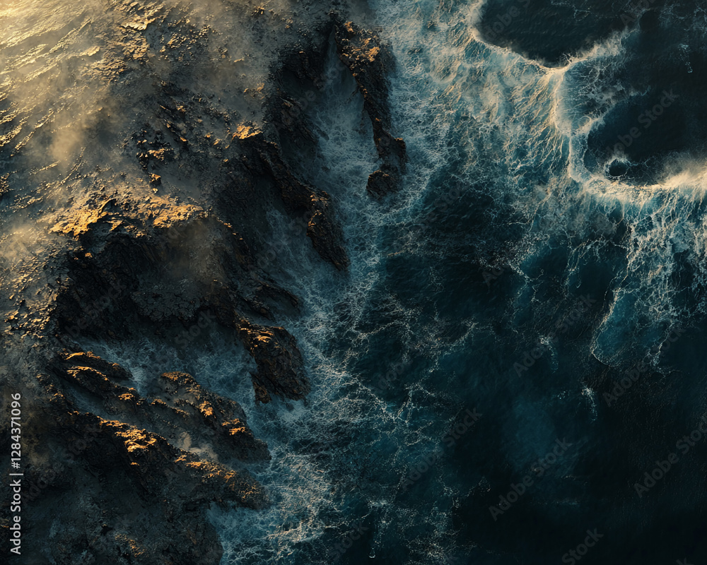 Poster aerial view of the rocky coastline with crashing waves, capturing the powerful impact of the ocean w