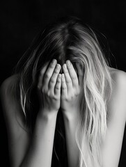 Emotional portrait of a woman covering her face with hands in black and white lighting : Generative AI