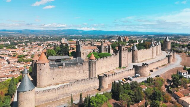 Aerial view of the medieval city of Carcassonne town and fortress castle, France