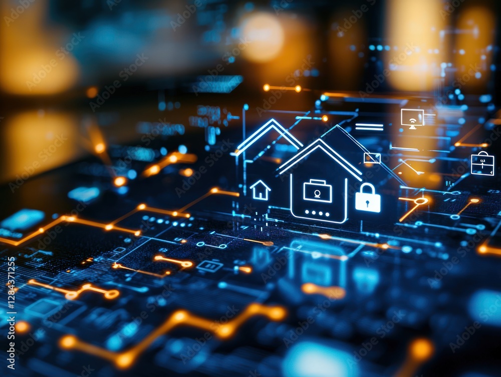 Poster digital home security concept with technological interface and connected services
