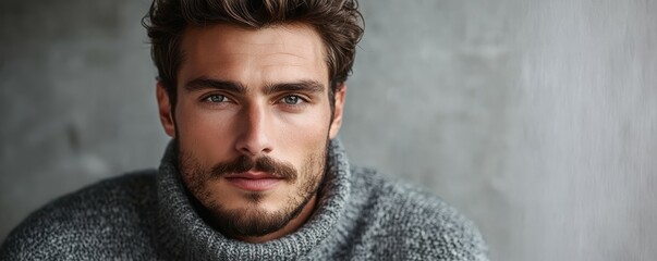 Portrait of a young man with beard in gray sweater against a gray background