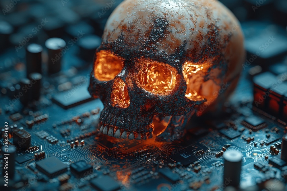 Poster digital skull design with glowing interior on circuit board background creates striking visual of te
