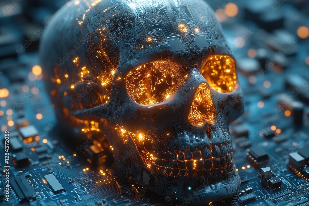 Poster digital skull embedded in circuit board with glowing lights during futuristic art creation