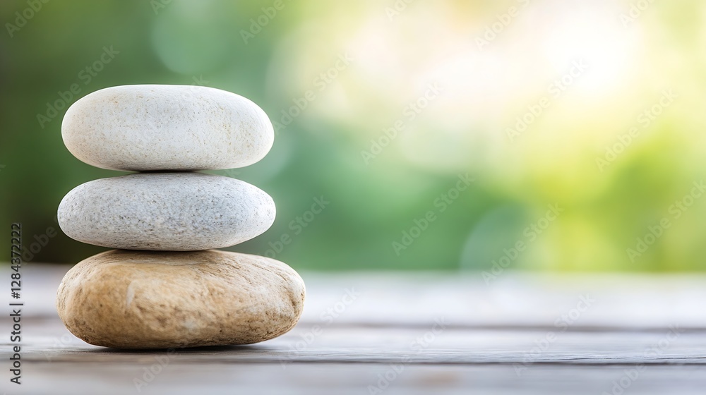 Aufkleber stack of smooth stones on a wooden table bathed in soft sunlight creating a peaceful atmosphere : ge