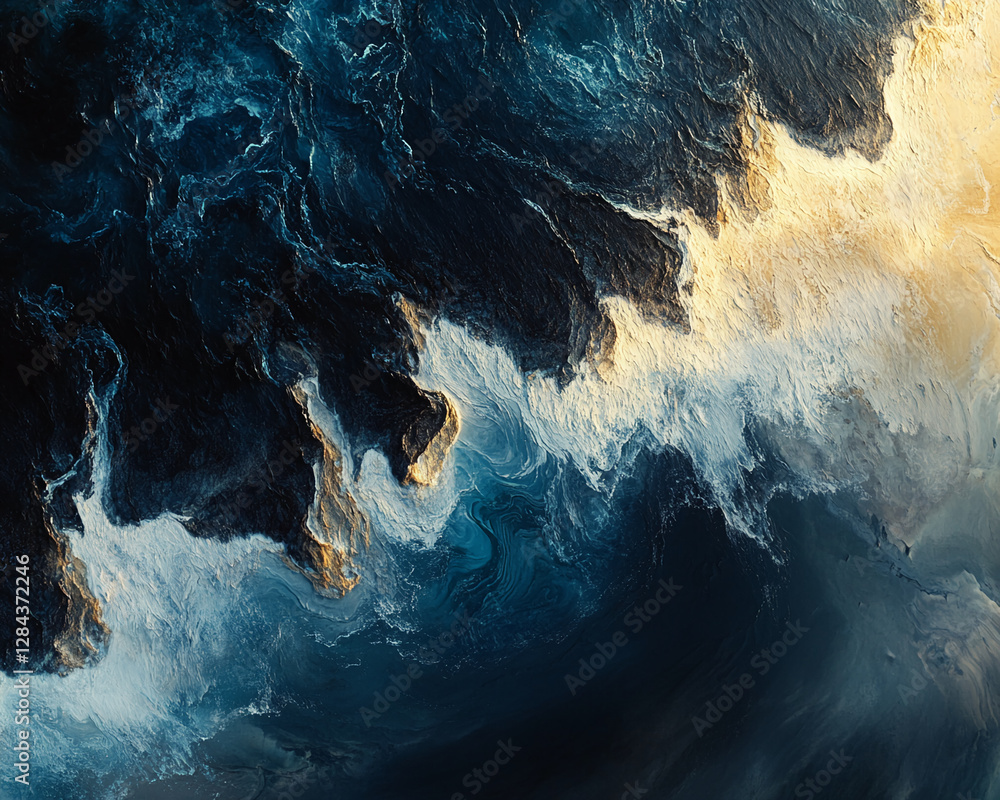 Poster aerial view of crashing ocean waves with a dramatic display of deep blue and golden foam, illustrati