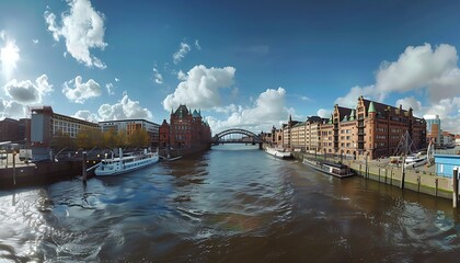 Hamburg canal at dusk, Germany. Long exposure photography. © Mahmud Creative