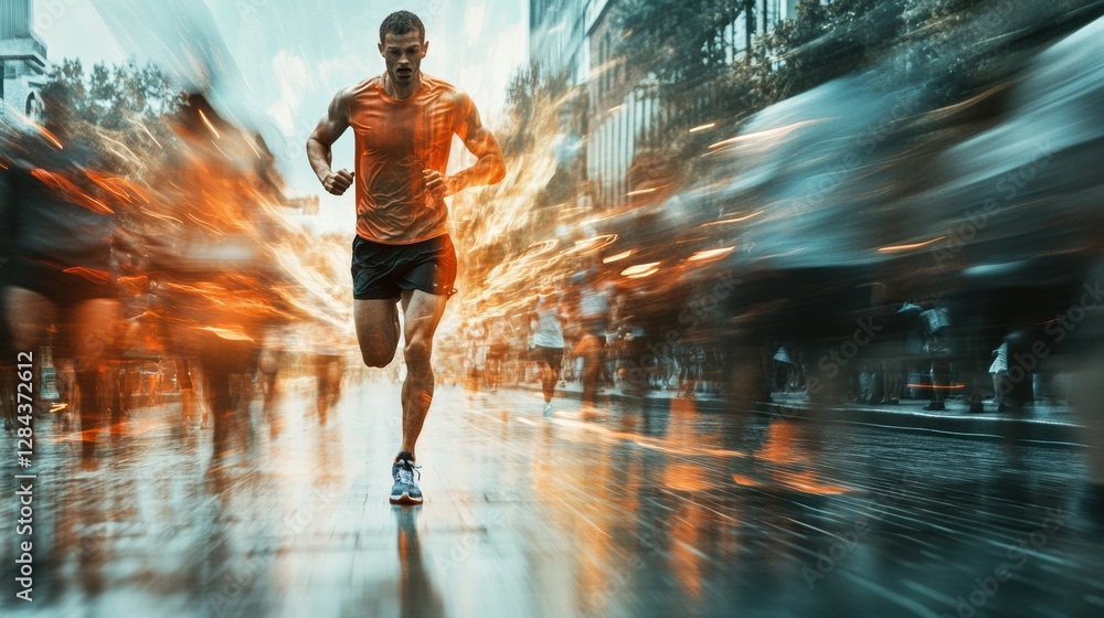 Aufkleber runner transforms from tired to victorious across a lively city finish line with high energy motion 