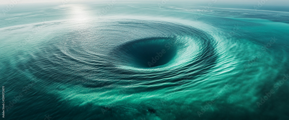 Leinwandbilder aerial view of a powerful whirlpool in the ocean, showing swirling turquoise waters around a deep ce