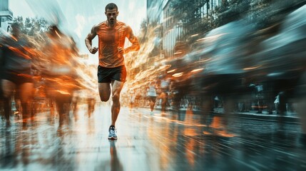 Runner transforms from tired to victorious across a lively city finish line with high energy motion blur effect. Generative AI