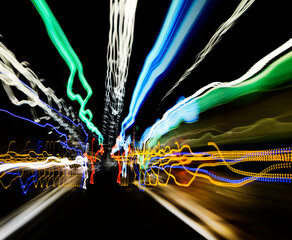 Light traces of the machine in a long tunnel. Long exposure