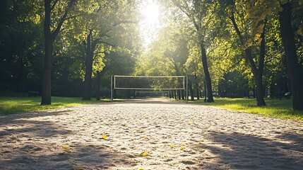 A volleyball court in a park on a sunny summer day