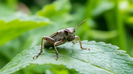 Closeup of a grasshopper perched on a green leaf in a lush garden environment : Generative AI