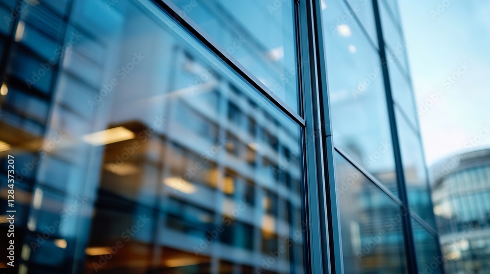 Aufkleber modern office building showcasing reflective glass architecture with urban cityscape in the backgrou