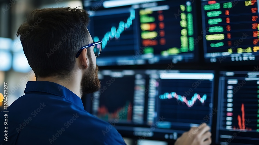 Fototapete Professional male trader analyzing market trends on multiple screens with interactive financial graphs and data : Generative AI
