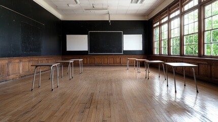 Abandoned classroom, empty school room, old-style desks, hardwood floors
