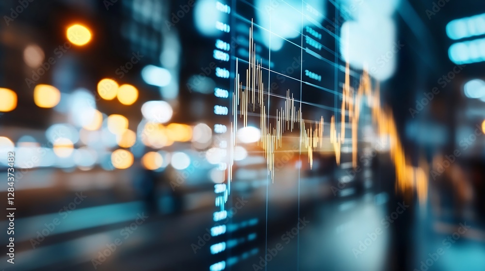 Poster closeup of a vibrant stock market graph illuminated by soft bokeh lights at night showcasing financi
