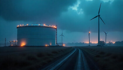 Obraz premium a hydrogen energy storage gas tank facility connected to a clean electricity solar and wind turbine farm in a mountainous landscape created with generative ai