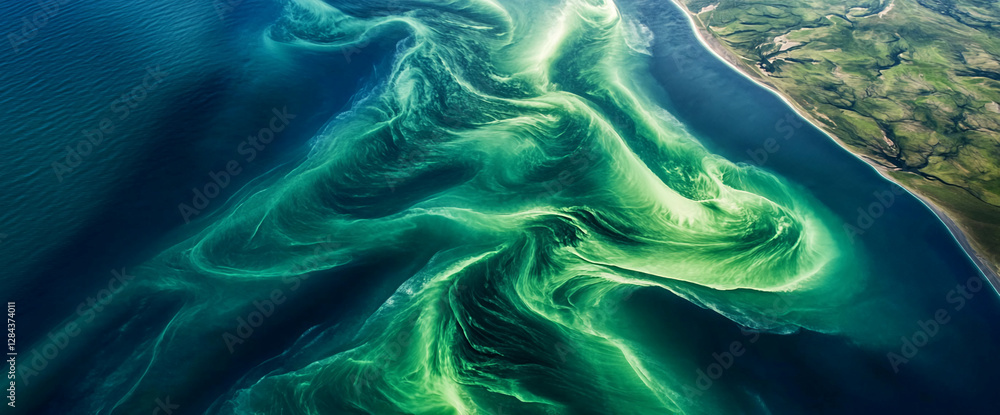 Aufkleber aerial view of swirling green and blue ocean currents, forming a whirlpool and dynamic flow patterns