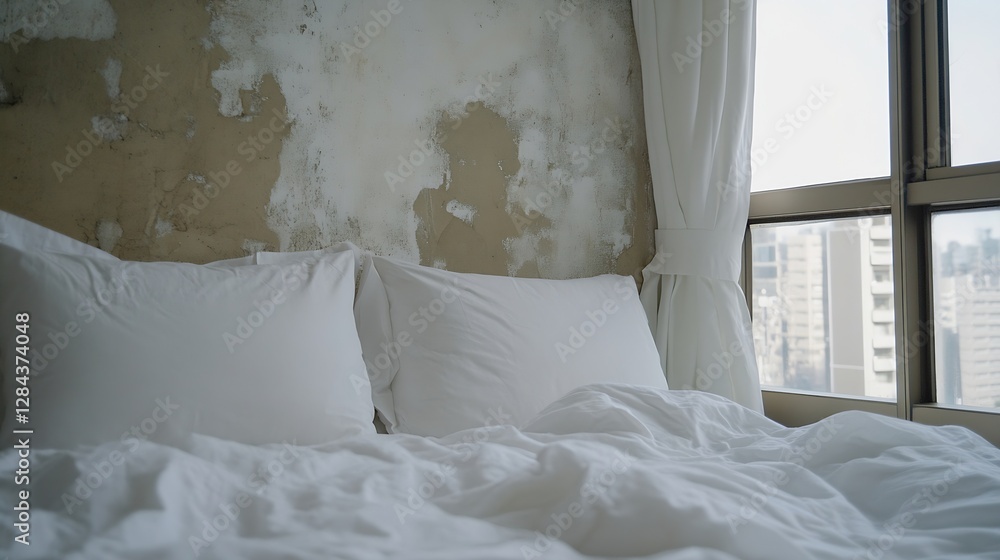 Poster serene atmosphere of a cozy bedroom scene with soft white bedding and a cityscape view through large