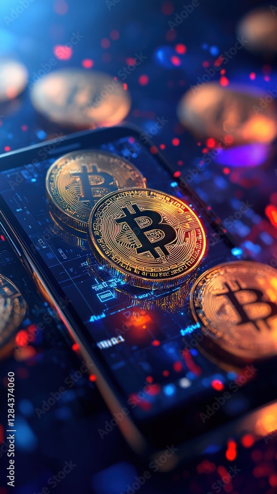 Poster close up of smartphone displaying bitcoin coins surrounded by colorful digital graphics