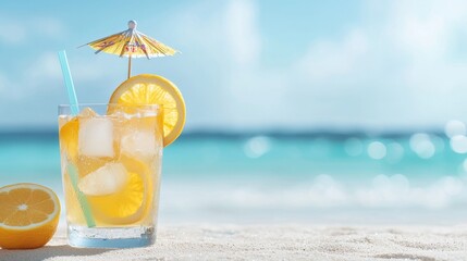 A refreshing citrus drink with ice, garnished with a lemon slice and an umbrella, sits on a sandy beach with a blurred ocean backdrop.