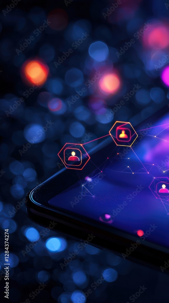 Poster close-up of a smartphone screen displaying digital interface and vibrant background lights