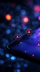 Close-up of a Smartphone Screen Displaying Digital Interface and Vibrant Background Lights