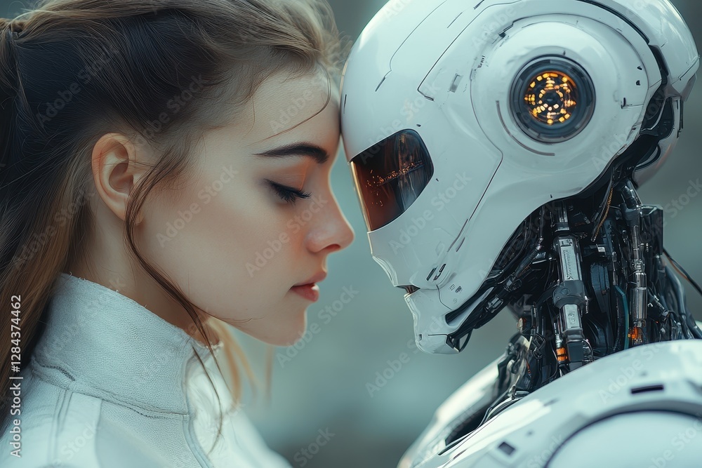 Poster connection between human and robot in a futuristic setting highlighting emotions and technology
